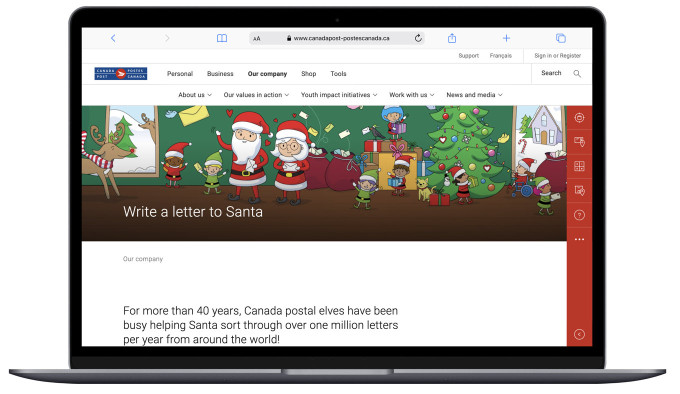 サンタさんからのクリスマスカードが届く「カナダポスト」のSanta letter program（サンタレタープログラム）特設ページ。
